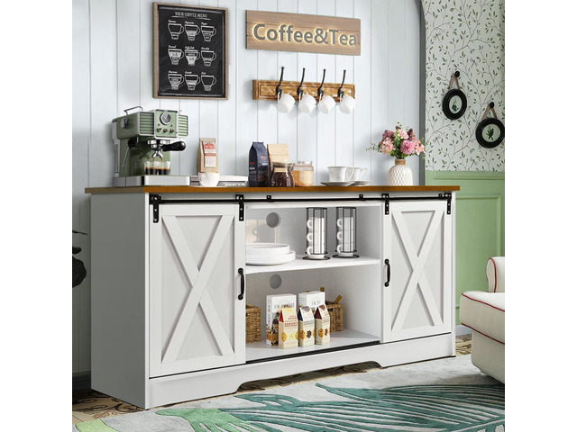 4 EVER WINNER Farmhouse Coffee Bar Cabinet, 59' Buffet Cabinet with Storage & Sliding Barn Doors, Kitchen Storage Cabinet, Coffee Station, Living...