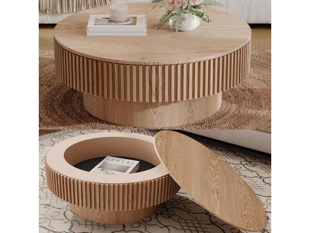 31.5''Round Coffee Table with Storage, Modern Luxury Circle Drum Center Tables with Solid Wood Veneered, Accent Side Coffee Table for Living Room,...