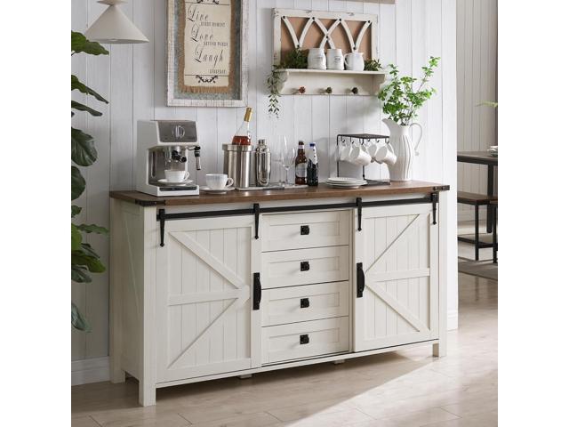 T4TREAM Farmhouse Sideboard Buffet Cabinet with Storage, 60' Large Kitchen Cabinet w/Sliding Barn Doors and 4 Drawers, 31.2'' Tall Wood Coffee Bar.