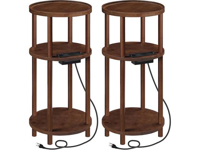 HOOBRO Set of 2 Small Round Side Tables with Charging Station, 3-Tier Round Bamboo End Tables, Compact Sofa Bedside Tables, Easy Assembly, for.