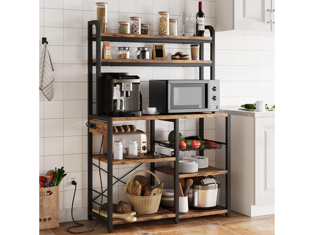 IDEALHOUSE Bakers Rack with Power Outlet, Coffee Bar with Wire Drawer, Industrial Microwave Stand, Kitchen Buffet Table with Large Storage, 6-Tier...