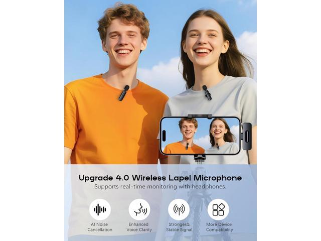 Wireless Mini Microphone for iPhone - 2 Pack Lavalier bluetooth Microphone for Video Recording, 2 In 1 Noise Reduction Lapel Mic for Ipad, Android,...