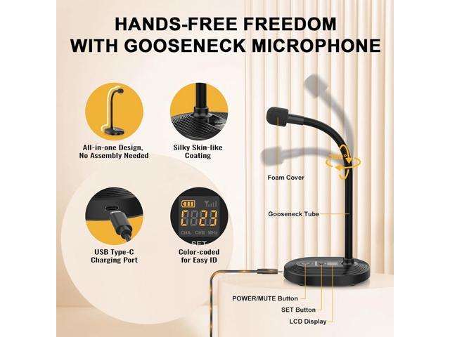 4-Channel Wireless Conference Microphone System, UHF Compact Cordless Mic Set w/ 4x10 Frequencies, 200ft Range, 4 Gooseneck Mics for Lecture,...