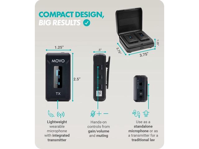 Movo WMX-2 Wireless Camera Microphone with Charging Case - Lavalier Mic for DSLR Cameras, Vlogging, Content Creation, Filmmaking