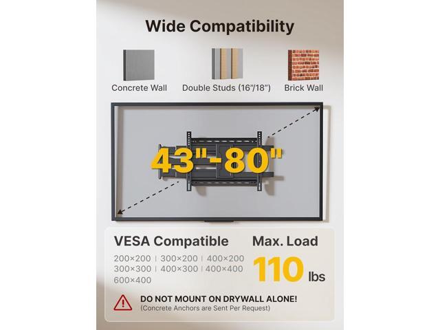 monTEK Long Arm TV Wall Mount for Most 43-80 Inch TVs, 42 Inch Long Extension TV Mount Swivel and Tilt, Full Motion Wall Mount Tv Bracket Fit Max...
