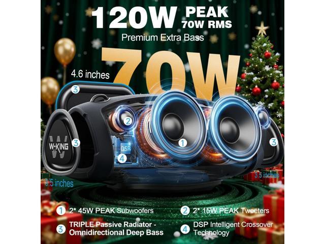 W-KING Bluetooth Speaker Loud, 120W Max Portable Speakers Bluetooth Wireless, IPX6 Waterproof Party Large Speaker Outdoor Boombox Subwoofer*2, 70W...
