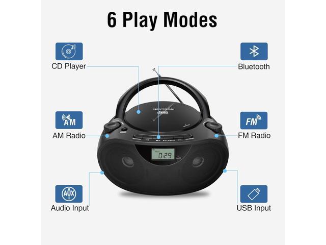 Portable CD Player Bluetooth Boombox with AM/FM Radio, USB, AUX-in, Headphone Jack, CD-R/RW & MP3-CD Compatible, Stereo Sound with Bass Boost,...
