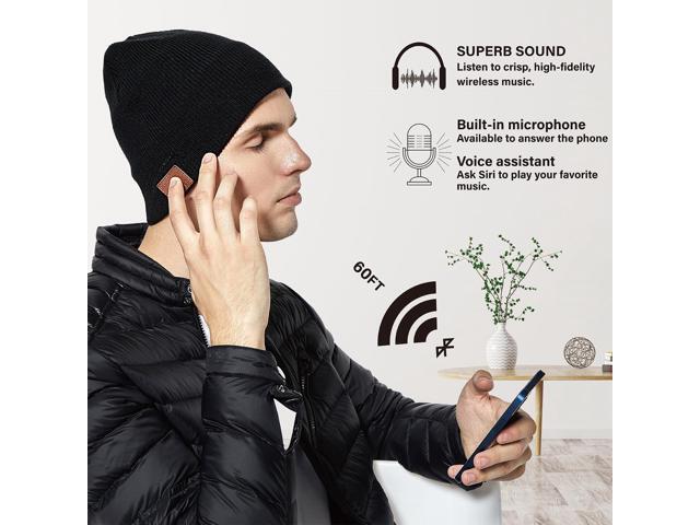 Merino Wool Bluetooth Beanie, HD Stereo,30 Hours Play Time,Built-in Microphone, Men's/Women's Christmas Electronic Gift (Black)