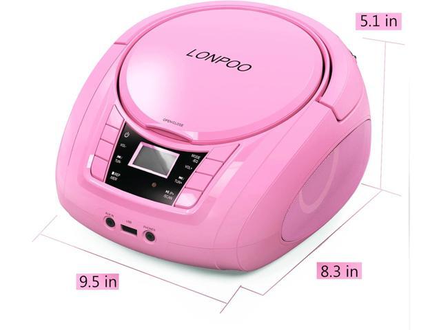 LONPOO Portable Boombox - CD Player, Bluetooth, USB, MP3, AUX, FM Radio, Portable, Built-in Stereo Speakers, Carrying Handle, LCD Display, Pink