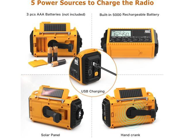 NOAA Emergency Weather Radio - 5000mAh Solar/Hand Crank/Battery AM/FM/SW with USB Charger, LED Flashlight & SOS Alert, Clock, Portable Survival...