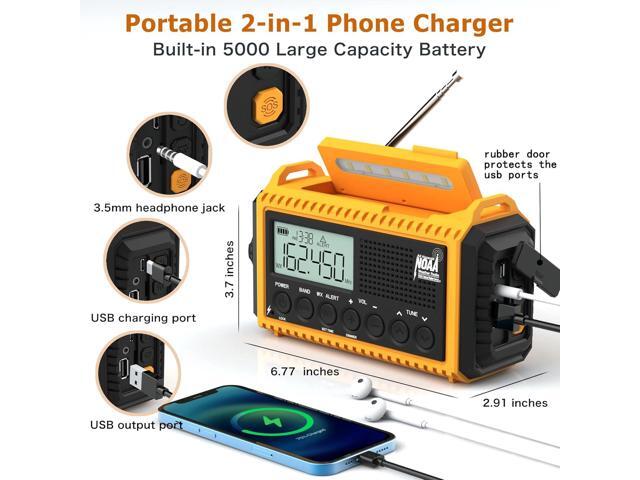 NOAA Emergency Weather Radio - 5000mAh Solar/Hand Crank/Battery AM/FM/SW with USB Charger, LED Flashlight & SOS Alert, Clock, Portable Survival...