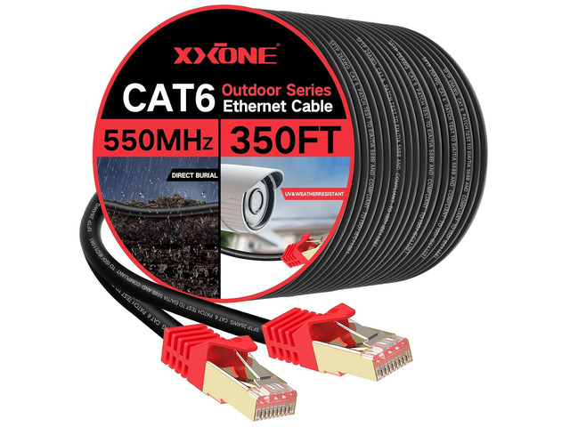 XXONE Outdoor Cat 6 Ethernet Cable 350ft, 26AWG Heavy-Duty Cat6 Networking Cord Patch Cable RJ45 LAN Wire Cable FTP Waterproof Direct Burial
