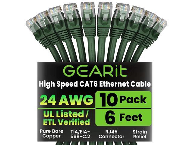 GEARit Cat 6 Ethernet Cable (10-Pack 6 Feet) Cat6 Network Patch, 10Gbps, RJ45, Snagless Cord, Gold-Plated Connectors, Internet for PC, TV, Tablet,...