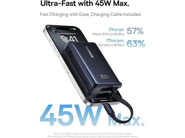 Baseus Power Bank, Picogo 10000mAh 45W 3-Output Portable Charger with Built-in USB-C Cable, PPS/PD QC Fast Charging External Battery Pack for...