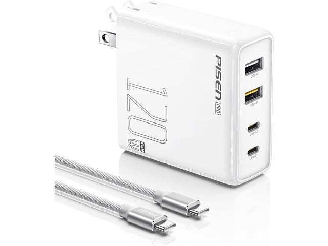 PISEN 120W USB C Charger - 120W 4-Port GaN USB C Charger Block Fast Charging with 6FT USB-C to C Cable, 120W Charger for MacBook Pro/Air,...
