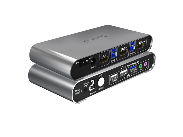2 Port HDMI USB 3.0 KVM Switch with Aluminum Alloy Shell and Digital Display,Audio/Microphone, 4K@60Hz,hotkey,Auto EDID, HDR10 with Cables