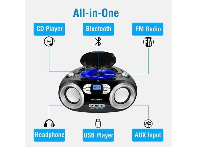 MEGATEK Portable CD Player Boombox with FM Radio, Bluetooth, USB Port, AUX Input, and Headphone Jack CD-R/CD-RW/MP3-CD Compatible, Clear Stereo...