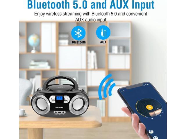 MEGATEK Portable CD Player Boombox with FM Radio, Bluetooth, USB Port, AUX Input, and Headphone Jack CD-R/CD-RW/MP3-CD Compatible, Clear Stereo...