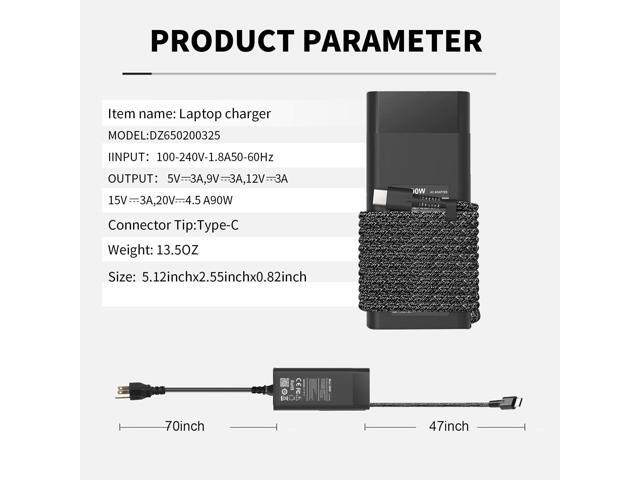 Slim 90W 65W USB-C Charger for Dell Laptop Charger: Dell XPS 13 9365 9360 9370, Latitude 5520 5420 3400 3500 5289 5300 2in1 7400 2in1,Inspiron 16...