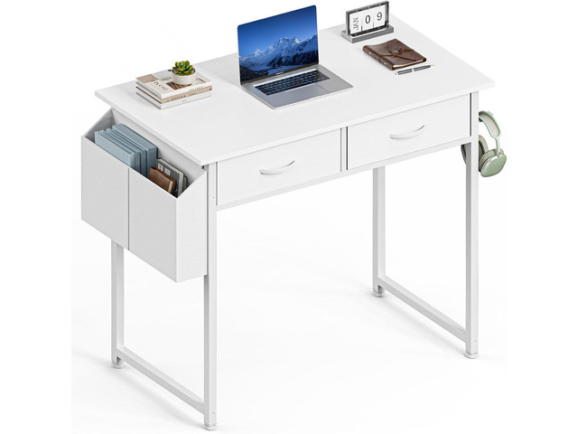 Computer Desk Small 32 Inch Home Office Bedroom Writing Study PC Table with Fabric Storage Drawers Space Side Bag Headphone Hook Metal Frame...