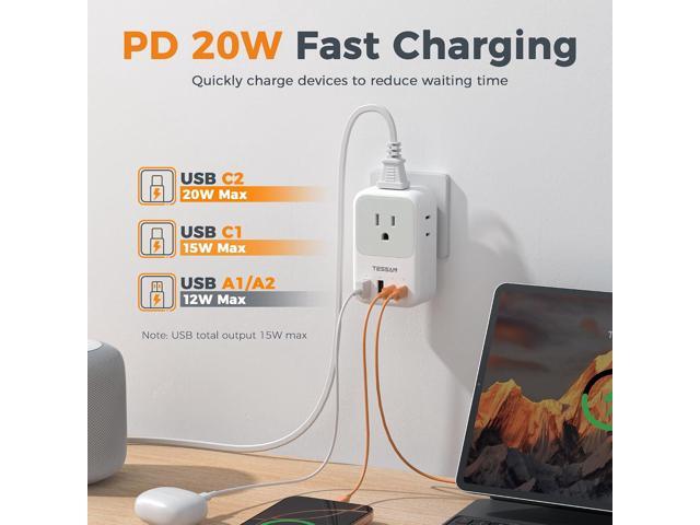 USB C Charger Block 20W, TESSAN PD Fast Charging Adapter with Foldable Plug, 1875W Power Outlet Extender(4 AC and 4 USB) for Cruise, Home, Office,...