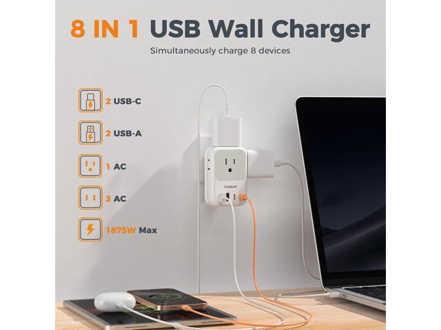 USB C Charger Block 20W, TESSAN PD Fast Charging Adapter with Foldable Plug, 1875W Power Outlet Extender(4 AC and 4 USB) for Cruise, Home, Office,...