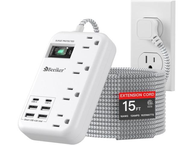 6 USB(2 USB C) Surge Protector Power Strip- 15 Ft Extension Cord with 6 USB Charging Station and 4 Outlets, Flat Plug Long Braided Extension Cord...