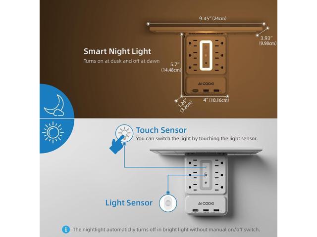 Socket Outlet Shelf,Wall Outlet Extender Surge Protector with Nightlight,6 Outlets with 3 USB Ports(1 USB C) Plug Expander Charger Shelf with...