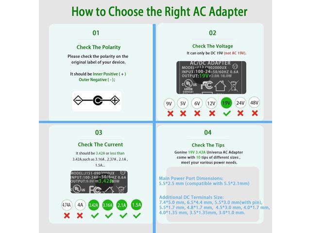 Gonine 19V Laptop Charger, DC 19V 3.42A Power Supply Cord, 19Vdc 65W 60W 45W AC to DC Power Adapter Compatible for 19Volt Gateway Toshiba Acer...