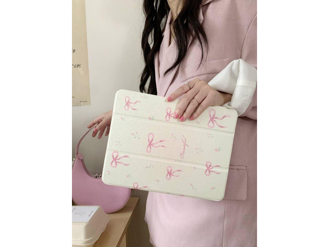Adjustable Kickstand Leather Folio Case for Apple for iPad 10th Generation 2022 10.9 Inch A2696 A2757 A2777 A3162 White Color Pink Bow Ribbon...