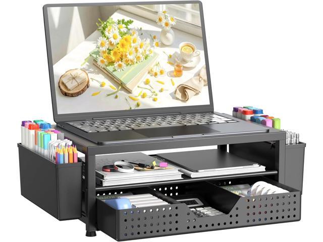 OPNICE Laptop Stand Desk Organizer, 2-Tier Metal Monitor Stand Riser with Drawer & 2 Pen Holders, Ventilated Perforated Steel Top, Office Desk...
