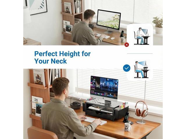 OPNICE Laptop Stand Desk Organizer, 2-Tier Metal Monitor Stand Riser with Drawer & 2 Pen Holders, Ventilated Perforated Steel Top, Office Desk...