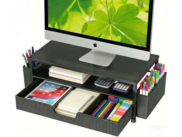 Desk Organizer and Accessories, 2-Tier Computer Monitor Stand Rise with Storage Drawer & 2 Pen Holders, Laptop & Printer Stand for Desktop,...