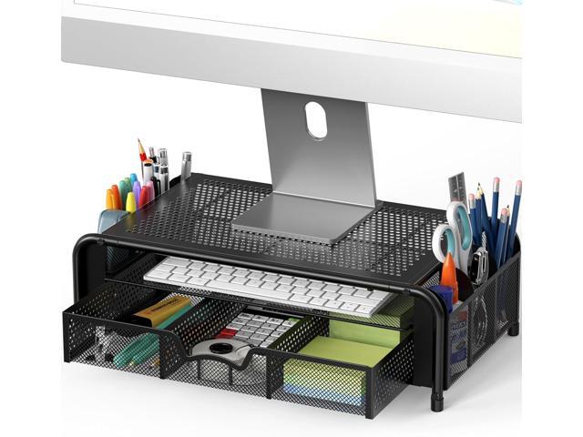 Simple Houseware Monitor Riser Stand with Pull-Out Drawer and Pen Holders, Black