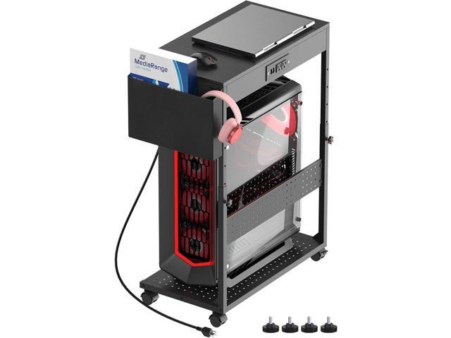 Heavy-Duty Adjustable PC Stand with Power Outlets, USB Charging Rolling CPU Tower Cart for ATX Gaming Computer Under Desk Holder (Black)