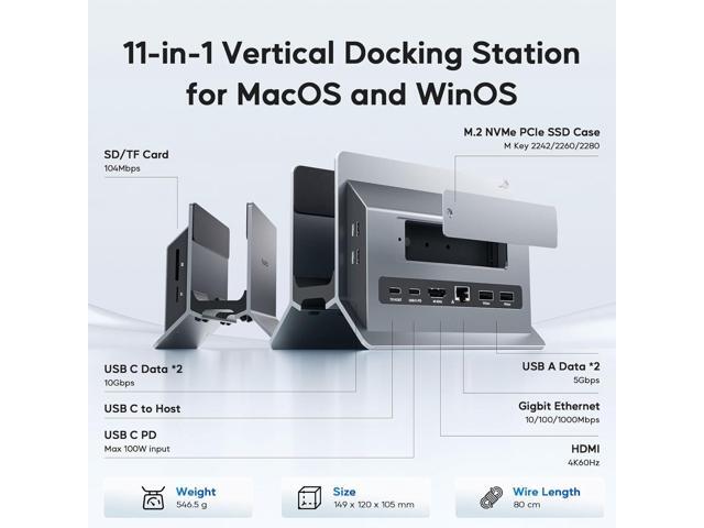 Vertical MacBook Docking Station, PULWTOP Docking Station for Mac mini with M.2 NVMe case for MacBook Pro/Air, 4K@60Hz HDMI, 2USB C 10Gbps, SD/TF,...