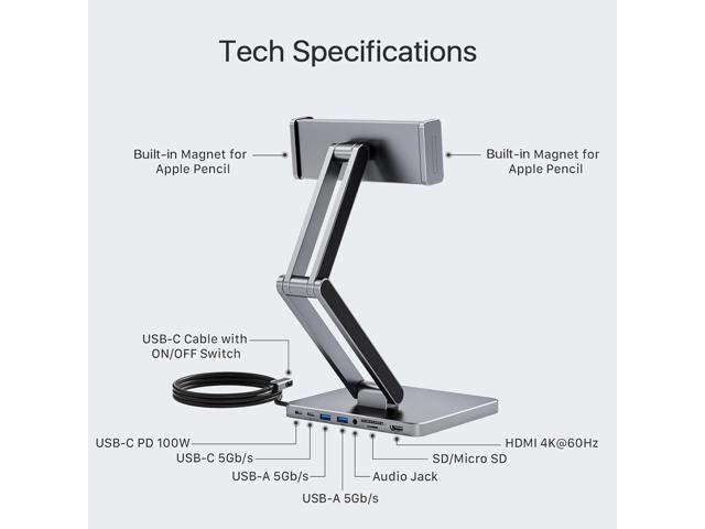 INVZI MagHub 8-in-1 Docking Station for iPad Pro and Android Tablets, USB C Hub Stand with Adjustable Dual-Hinge, Compatible with M2/M1/M4 iPad...