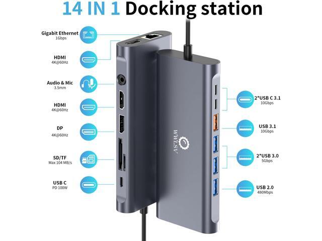 USB C Docking Station Dual Monitor, 14 in 1 Laptop Docking Station 3 Monitors with 2 HDMI 4K, DP, Ethernet, USB C/A 3.1, 100W PD, SD/TF, 3.5MM...