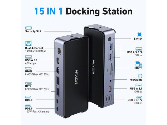 8K USB C Laptop Docking Station Dual Monitor,MOKiN Docking Station 3 Monitors with 2*DisplayPort,HDMI,15 in 1 USB C Dock 100W PD,6*USB...