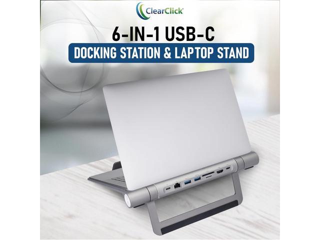 ClearClick 6-in-1 USB-C Portable Docking Station & Laptop Stand - 2X USB 3.0 Ports, HDMI, LAN Ethernet, SD Card Reader, MicroSD Card Reader, USB PD...
