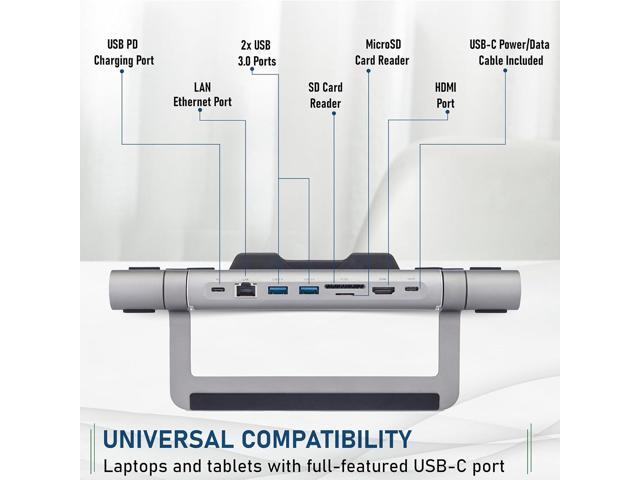 ClearClick 6-in-1 USB-C Portable Docking Station & Laptop Stand - 2X USB 3.0 Ports, HDMI, LAN Ethernet, SD Card Reader, MicroSD Card Reader, USB PD...