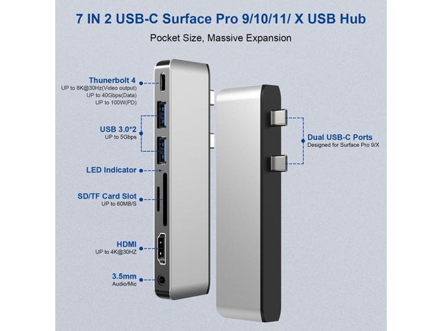 Surface Pro 9/10/11/X Docking Station, Surface Pro 11 USB Hub with 4K HDMI, USB-C Thunderbolt 4 (Display+Data+100W PD), 2 USB 3.0, 3.5mm Audio,...