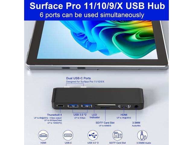 Surface Pro 11/10/9/X USB C Hub, Surface Pro 11 Hub Docking Station with 4K HDMI, Thunerbolt 4 (8K Video+Data+100W PD), 2*USB 3.0, 3.5mm Audio,...