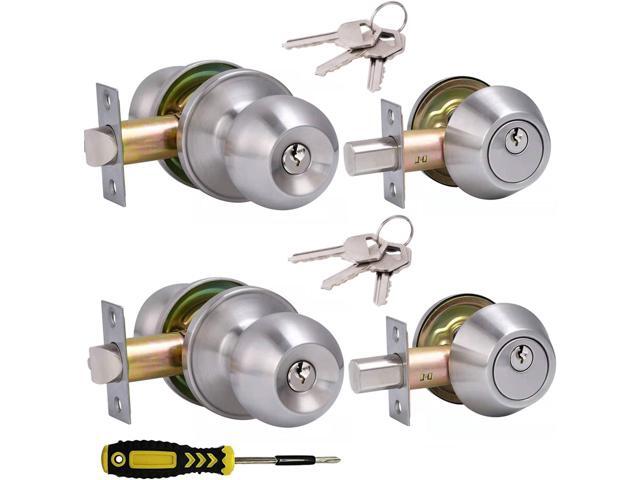 2 Sets All Keyed Same Entry Door Knob and Single Cylinder Deadbolt Combo Set, Round Ball Satin Nickel Exterior Door Knobs with Lock and Keys for.