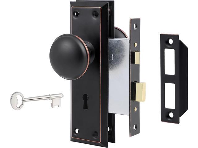 Mortise Lock Set for Interior Door, Vintage Door Knobs with Lock and Skeleton Key, Antique Door Knobs Oil Rubbed Bronze Finish