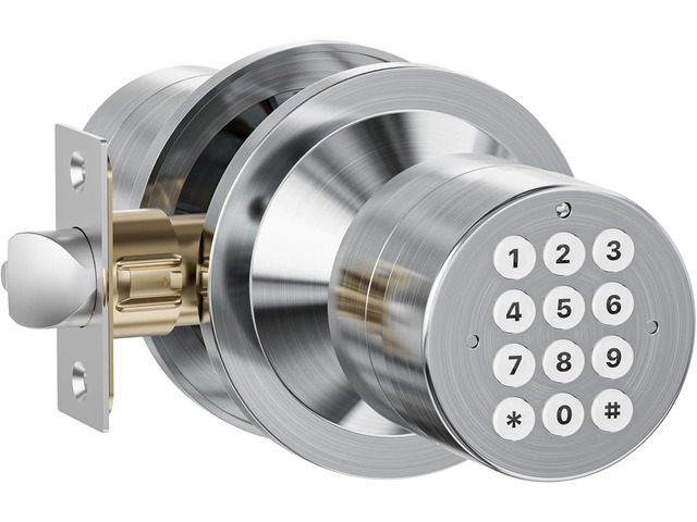 Door Knob with Keypad, Door Lock with Code, Keyless Entry Keypad Door Locks with Handle for Front Door Garage Home Apartment, Satin Chrome