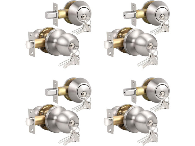Keyed Alike Exterior Door Knob, Round Outdoor Lock with One Sided Deadbolt, Stainless Steel, Satin Nickel Door Knobs, Silver Door Handle Sets, 4 Pack
