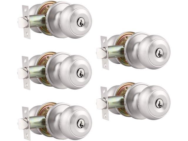 Probrico (5 Pack) Satin Nickel Round Entry Door Knobs Keyed Alike, Exterior/Interior Door Handles Bedroom Bathroom/Front/Offic Doors, Door Lock.