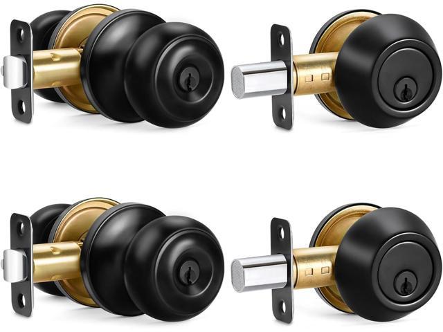 2 Sets Entry Door Knob and Single Cylinder Deadbolt Combo Set, Keyed Alike Round Ball Matte Black Exterior Door Knobs with Lock and Keys for.