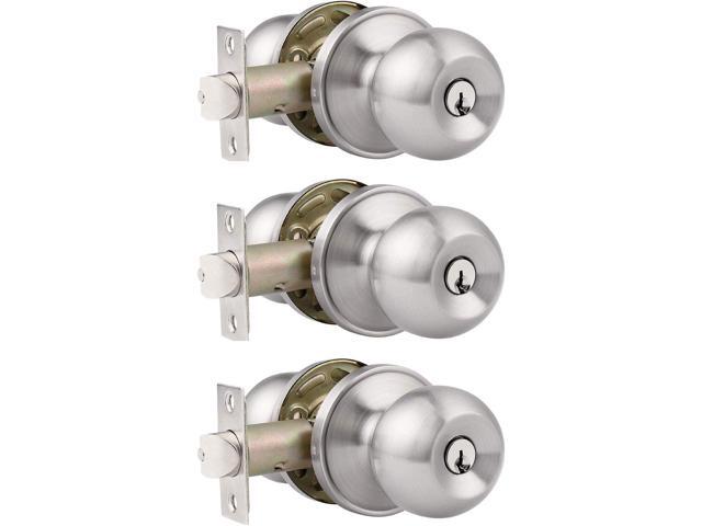 Probrico 3 Pack Entry Door Knob for Exterior Door,Satin Nickel Door Locks,Keyed Different Door Locksets, Door knobs with Lock and Key,Front Door.